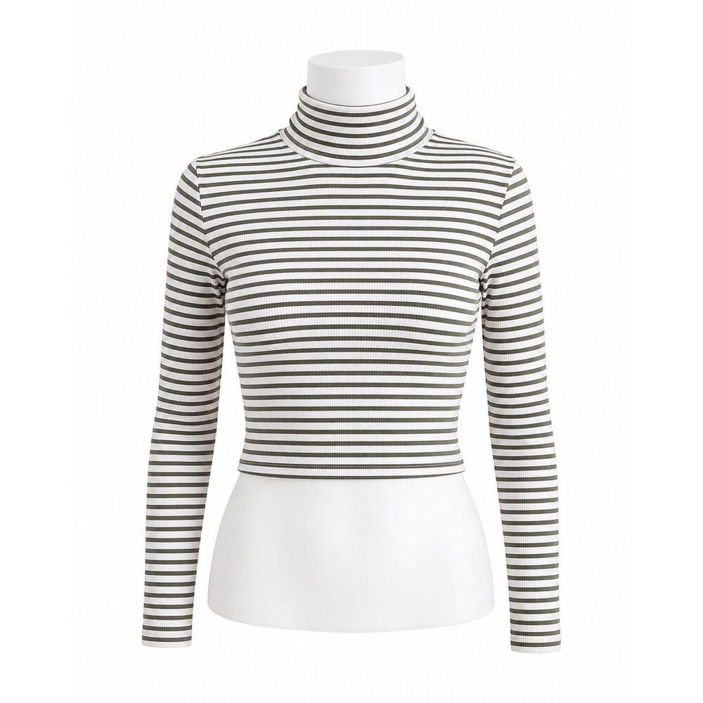 American Eagle Olive Green White Striped Ribbed Turtleneck Long Sleeve XL Top